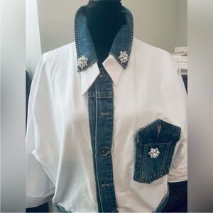White Button-Up Shirt with Denim Accents and Rhinestone Details